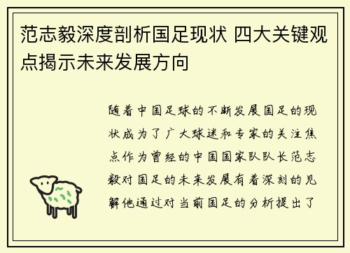 范志毅深度剖析国足现状 四大关键观点揭示未来发展方向