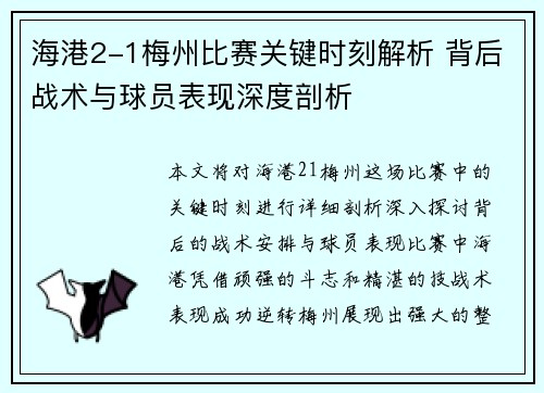 海港2-1梅州比赛关键时刻解析 背后战术与球员表现深度剖析